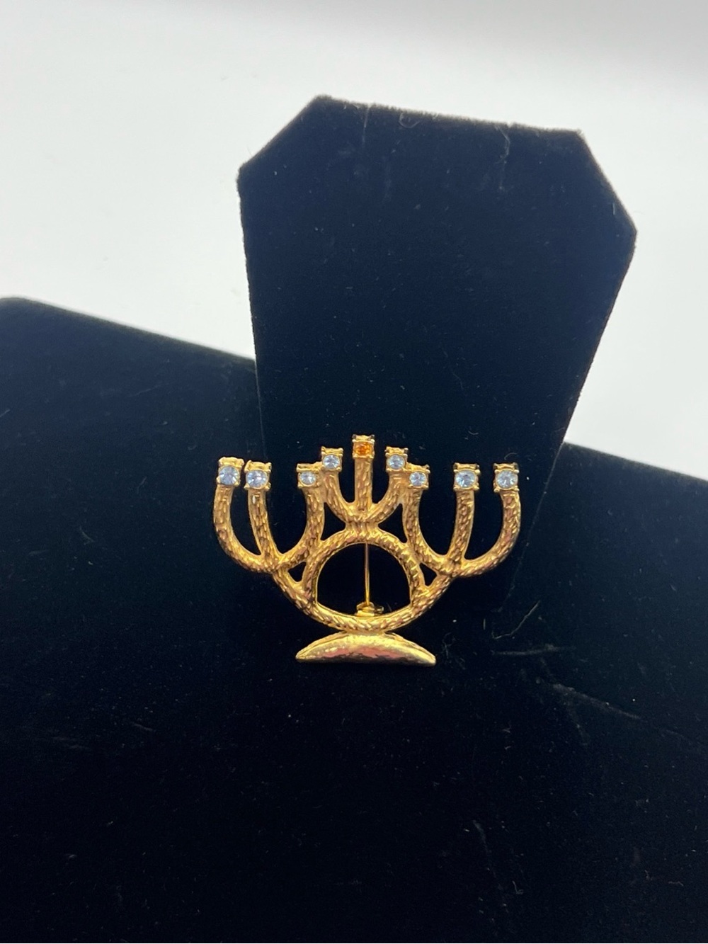 Vintage Brooch AS Hanukkah Menorah Brushed Gold Tone Pin Amber Blue Rhinestones